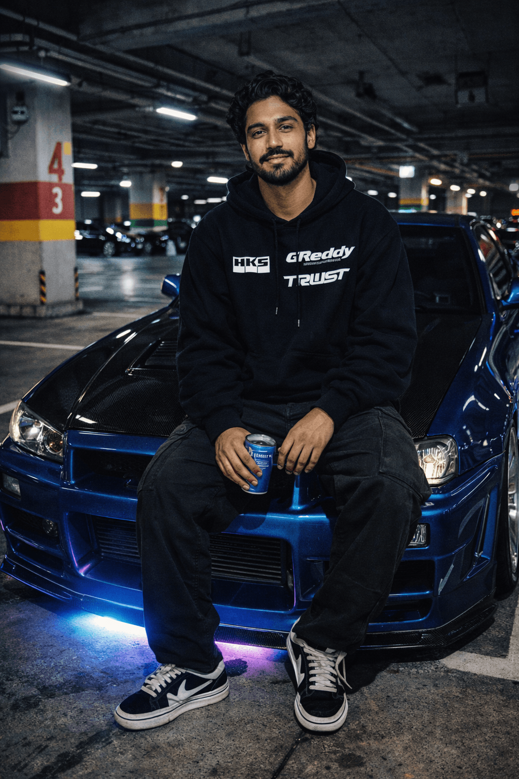 Convert your photo into a neon-lit underground parking JDM scene